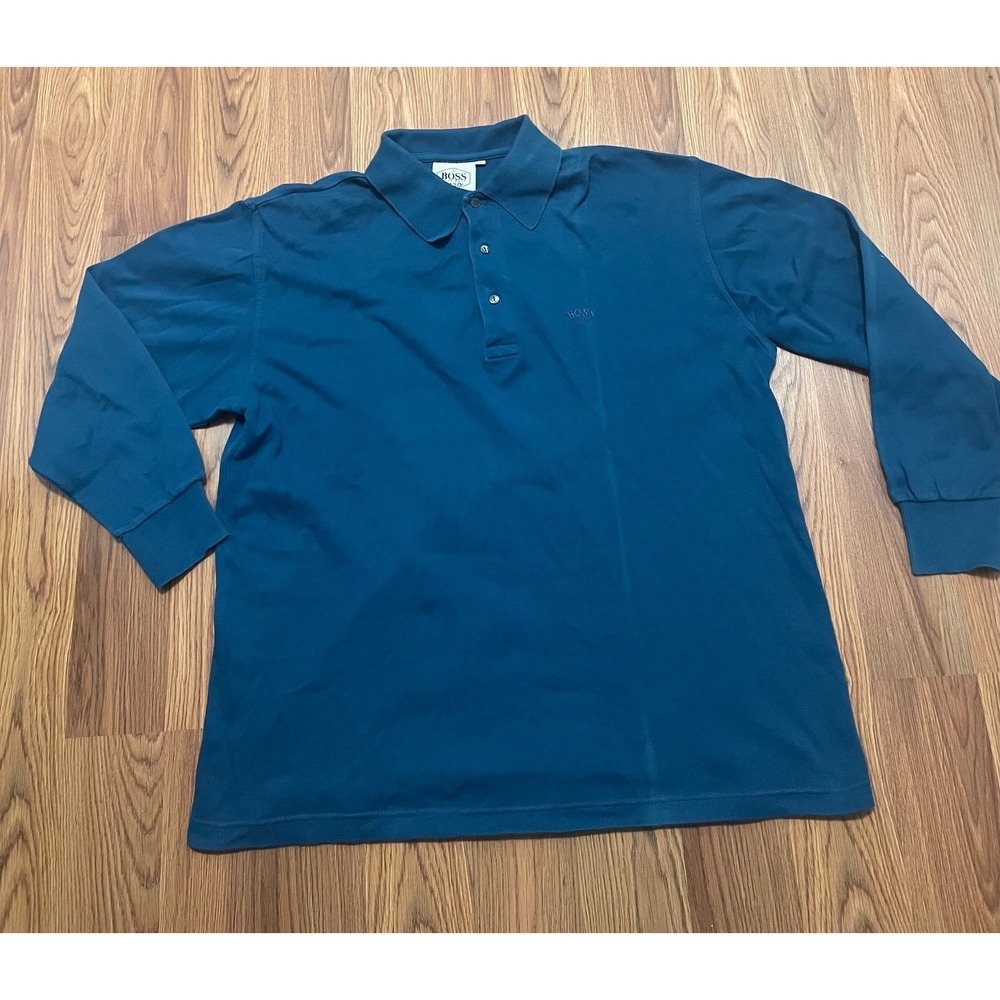 BOSS Hugo Boss Polo Shirt Mens XL Teal Blue Long Sleeve Cotton Logo